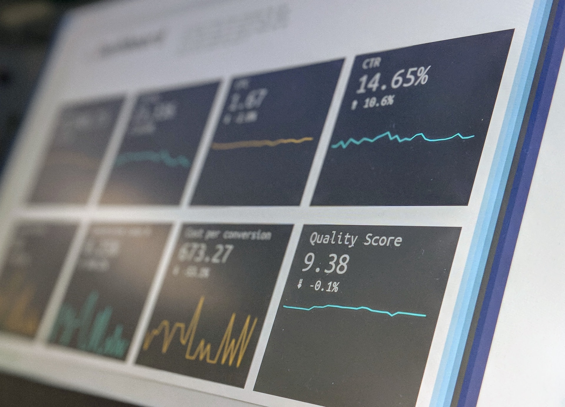 Laptopmonitor auf dem ein Dashboard mit Diagrammen zu sehen ist.